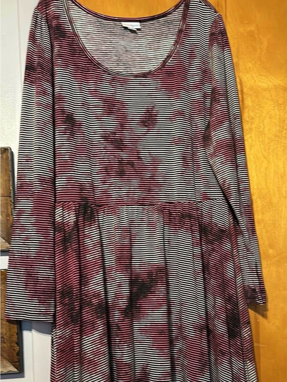 LuLaRoe Long Sleeve Striped Dress in Black, White & Maroon Tie-Dye